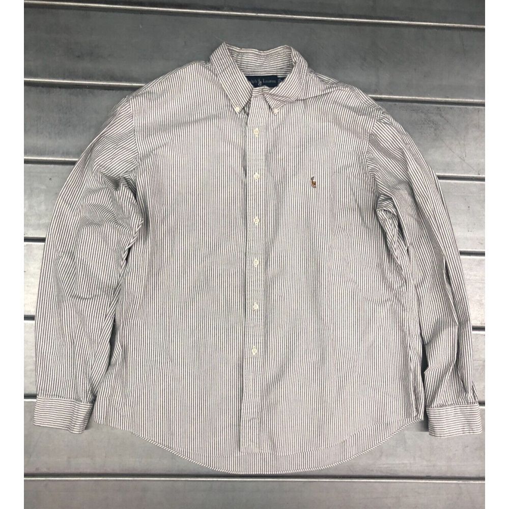 Vintage Ralph Lauren Shirt 2XL Gray Custom Fit Pinstripe Long Sleeve Button Down